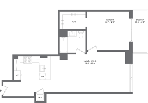 Floor plan for 1 bed, 1 bath, 851 sqft